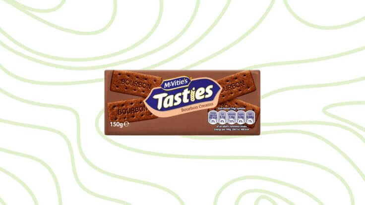 A packet of Bourbon biscuits in front of a green pattern background