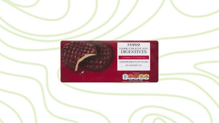 A packet of vegan chocolate digestives from Tesco
