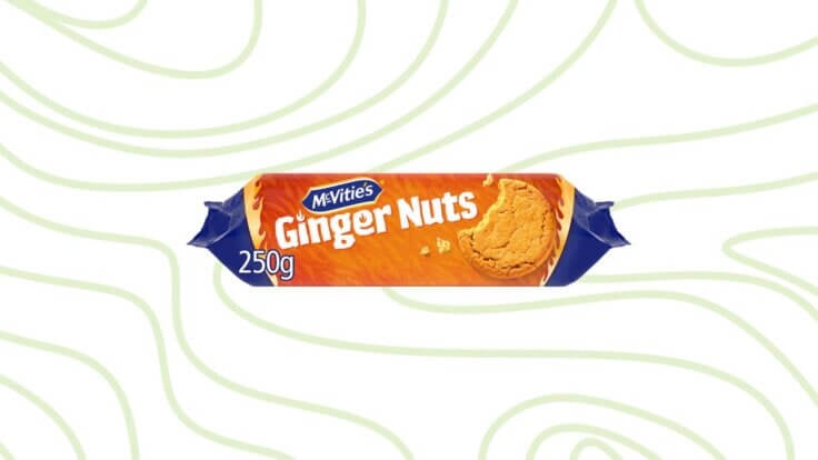 A packet of Ginger Nuts in front of a green patterned background