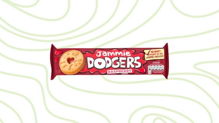 A packet of Jammie Dodgers in front of a green background