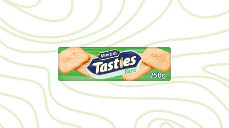 A packet of McVitie's Tasties Nice Biscuits in front of a green background