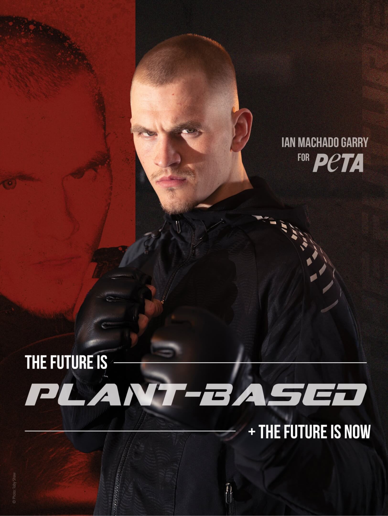 A PETA poster featuring Ian Machado Garry with the words "The future is plant-based + the future is now!