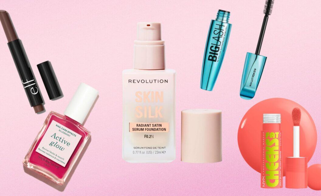 A selection of cruelty-free make-up products in front of a pink background